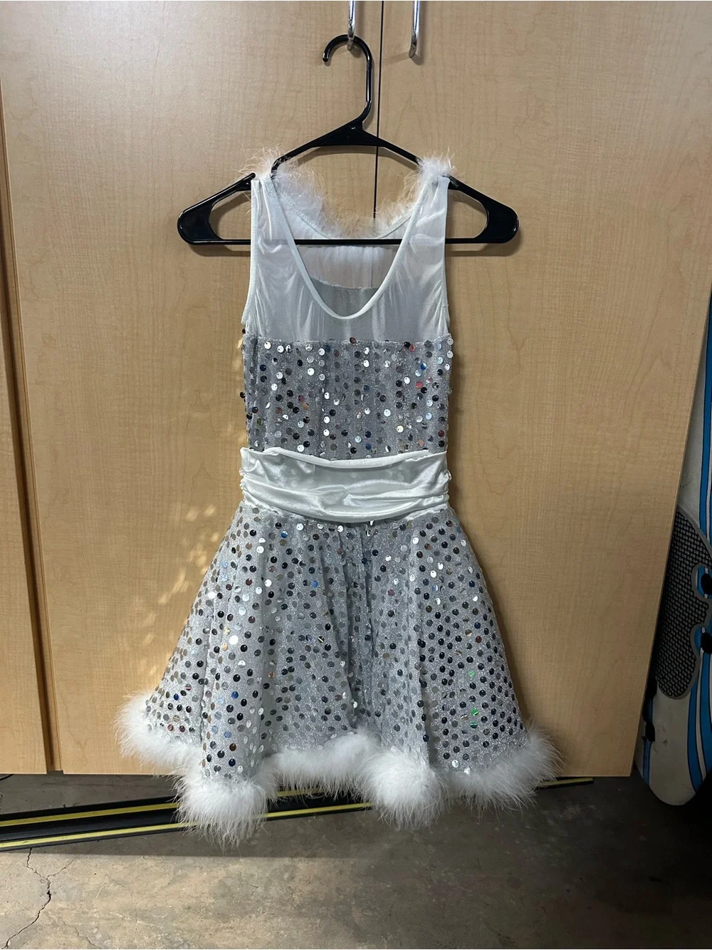 Weissman Silver Sequin Kids Dance Costume with White Feather Trim